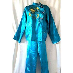 Vintage Traditional Chinese Pajama Set Laungewear Satin Turquoise Embroidery L